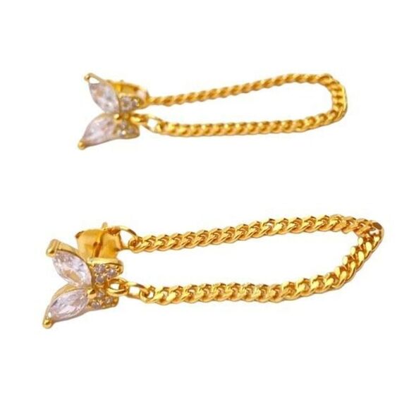 Gold sterling silver butterfly chain stud earrings - Picture 2 of 4